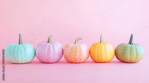 Five Pastel - Colored Mini Pumpkins in Mint Green, Pink, Orange - Pink, Yellow and Yellow - Green Arranged on Pink Background