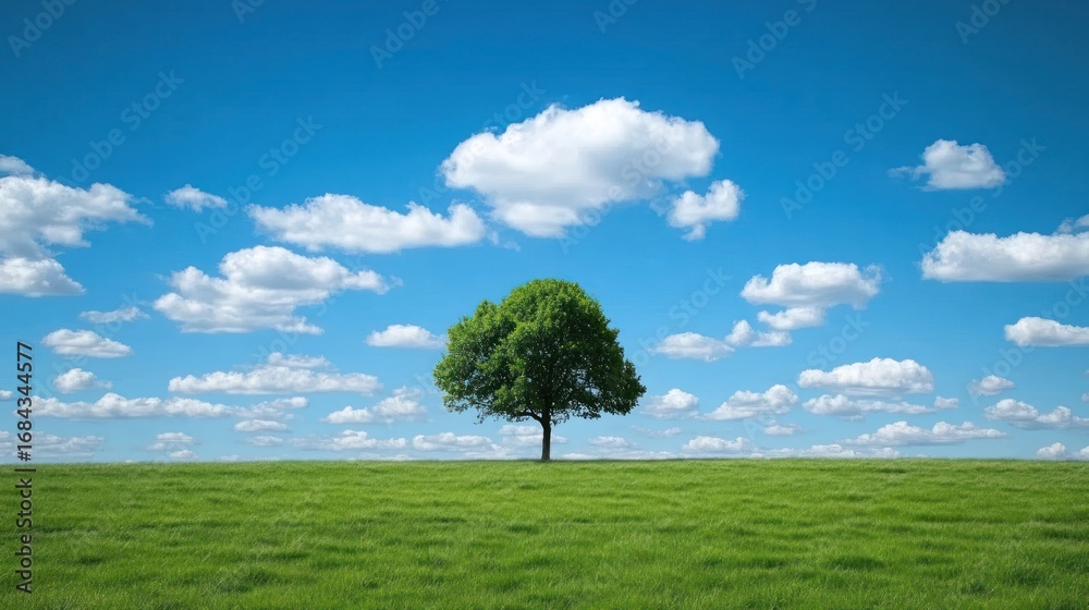 Obraz premium Solitary tree on a grassy plain, a serene sky