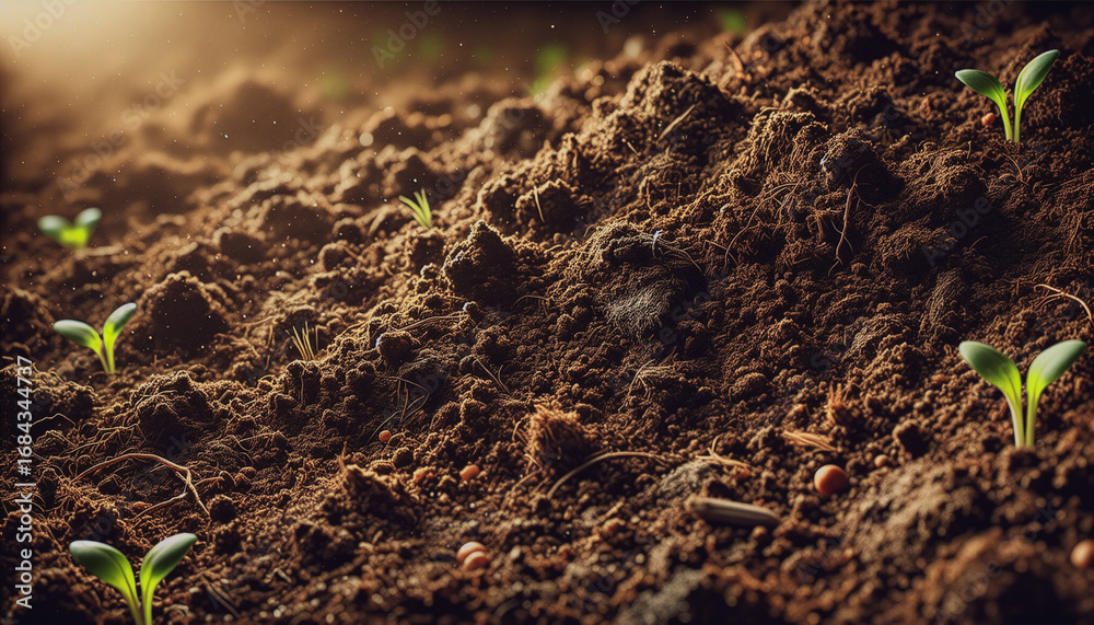 Fototapeta premium Close-Up of Fresh Sprouts Emerging from Rich Brown Earth