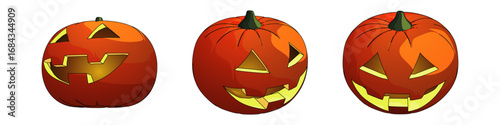 Vector Illustration of Three Carved Jack-o’-Lanterns
ベクターイラストの彫刻されたジャックオーランタン3つ