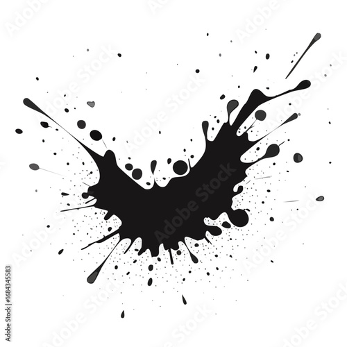 Abstract black ink splash with scattered droplets and splatters, ideal for grunge effects.