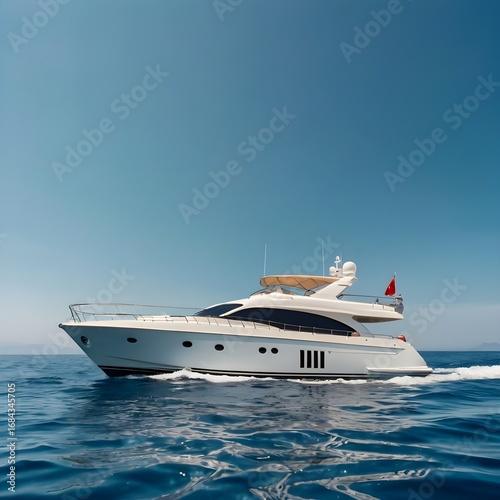 Minimalist side profile of a motor yacht on deep blue open ocean with gentle waves under a clean light blue sky, high-detail, no people,Generative Ai
