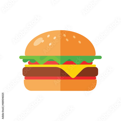 Vector art of a delicious, juicy hamburger with lettuce, tomato, cheese, and a sesame seed bun, isolated on a