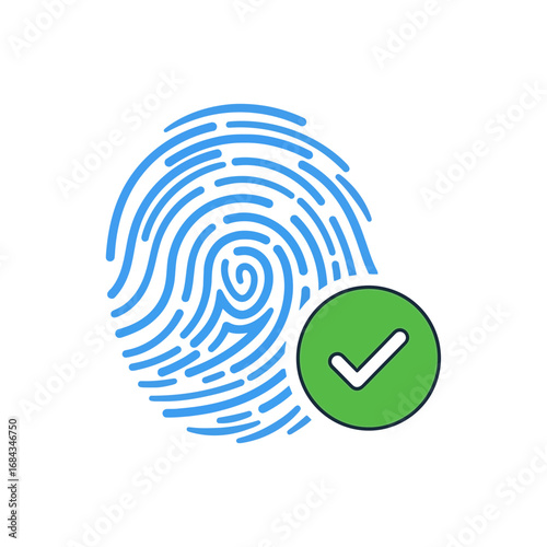Vector art of fingerprint scan with a green checkmark indicating successful verification and biometric authentication