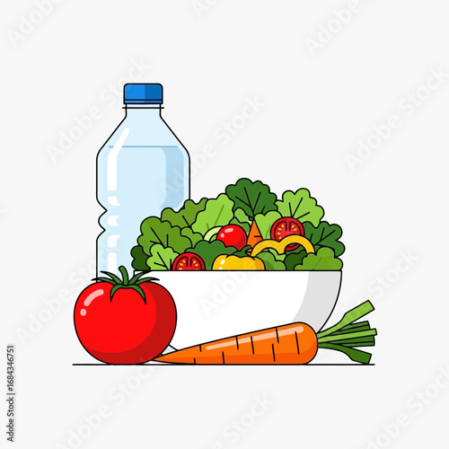 Vector art of healthy eating and hydration concept with a bottle of water, a fresh salad, tomatoes, and carrots