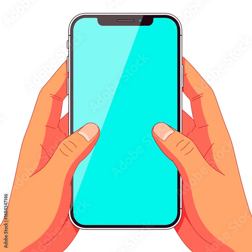 Vector art of hands holding a modern smartphone with a bright cyan screen, isolated on a, showcasing a digital device in use