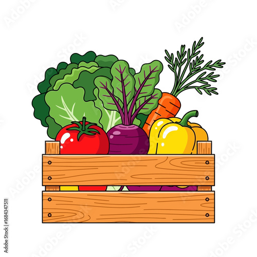 Vector art of fresh vegetables in a wooden crate, , showcasing a healthy harvest of produce including lettuce, tomato, beetroot, carrots, and bell peppers