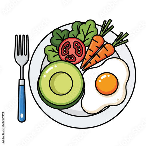 Vector art of healthy breakfast plate with fried egg, avocado, tomato, carrots, and lettuce