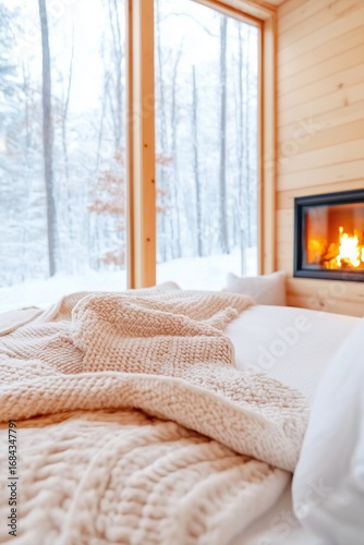 Cozy bedroom interior featuring a warm knitted blanket on a bed, with a fireplace glowing softly and large windows revealing a snowy landscape outside