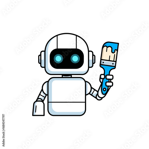 Vector art of cute cartoon robot holding a paintbrush, , representing artificial intelligence and creativity in art and design
