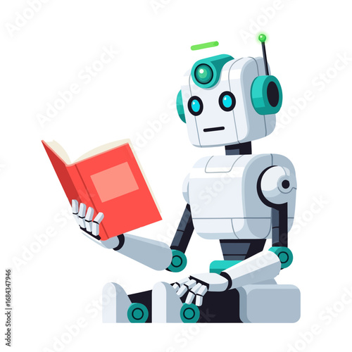 Vector art of a friendly white robot sitting and reading a red book
