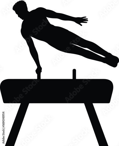 Gymnast performing on pommel horse gymnastics male