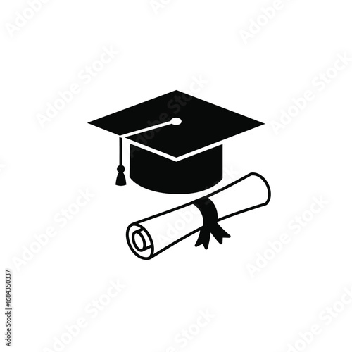 Academic graduation cap and diploma scroll icon symbol vector