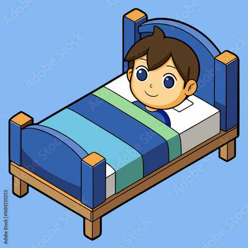 Vector art of a young boy with brown hair is lying in his blue bed with a striped blanket and a white pillow, looking happy and content