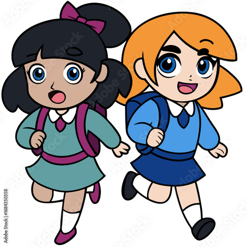 Vector art of two cute little girls with backpacks are running to school, excited and happy, ready to learn and make new friends