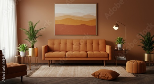 Modern Living Room Interior with Orange Sofa and Plants.