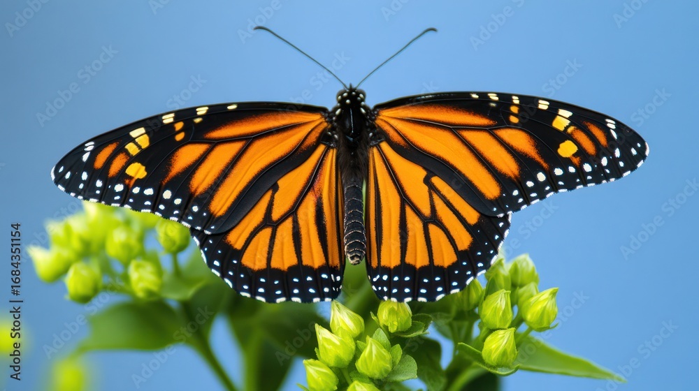 Obraz premium Monarch Butterfly on Light Green Flowers Against Light Blue Background