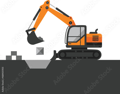 A vibrant orange excavator is actively digging a deep trench in the dark earth, demonstrating heavy construction work with precision and power.