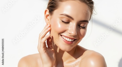 A smiling woman with glowing skin touches her face, highlighting a healthy complexion