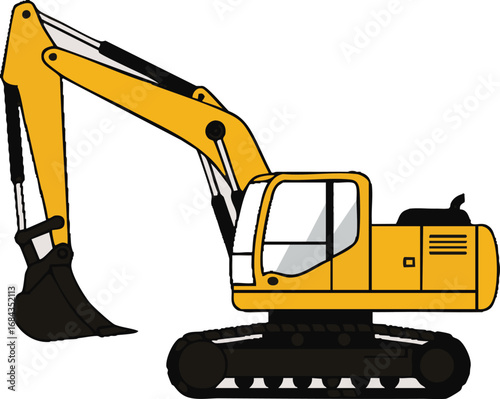 A vibrant yellow excavator, a powerful piece of heavy construction machinery, is depicted in a clean, isolated illustration, ready for digging and earthmoving tasks.