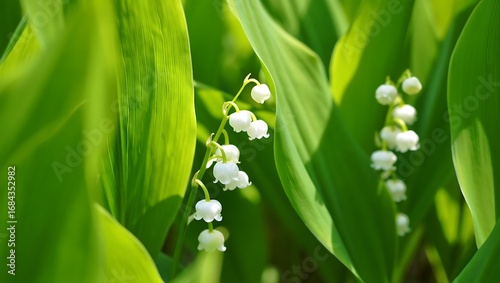 Delicate white lily of the valley flowers bloom amidst lush green leaves in springtime sunlight