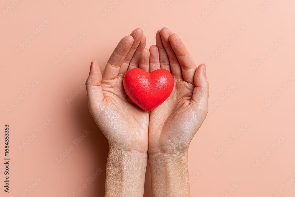 Obraz premium A small, vibrant red heart is gently held within two hands against a soft peach background.