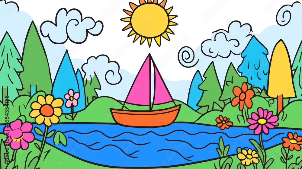 Naklejka premium Colorful Cartoon Landscape with Boat, Sun, and Trees