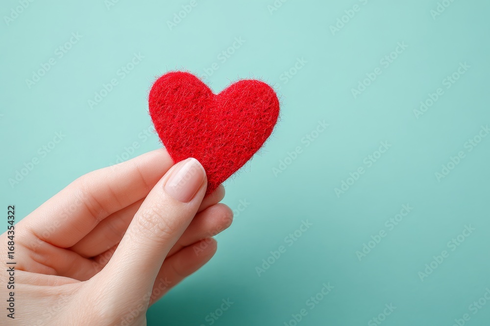 Fototapeta premium A tender red heart-shaped felt object is gently held by a hand against a tranquil teal backdrop.