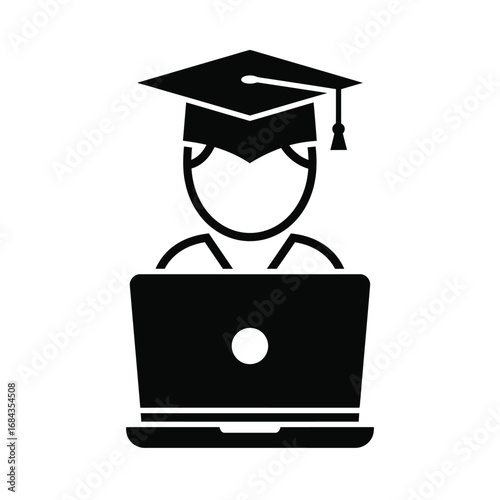 Student with graduation cap using laptop for online learning vector