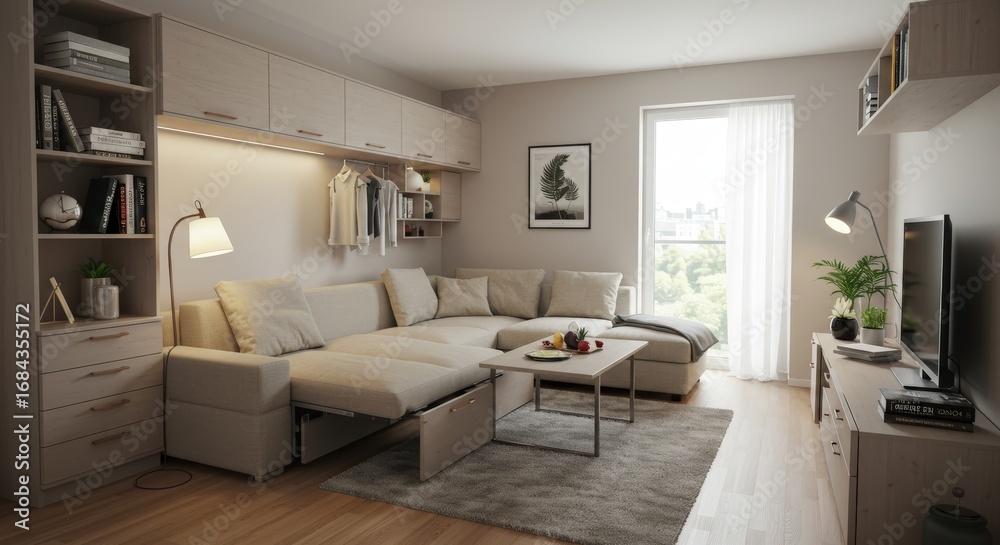 Fototapeta premium Modern Living Room Interior with Beige Sofa and Decor.