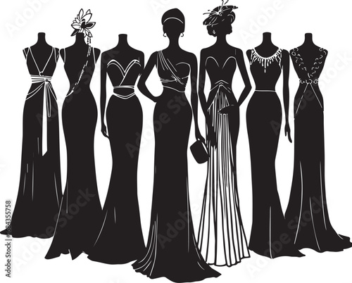 Elegant Evening Gowns Collection Black Silhouette Fashion Illustration Ideal for Prom or Gala Event Design Elements
