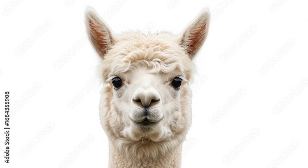 Obraz premium Curious White Alpaca Face Looking at Camera on Isolated transparent background