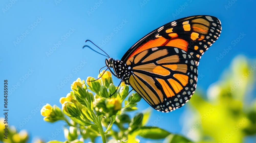 Fototapeta premium Monarch Butterfly on Blossom Against Blue Sky