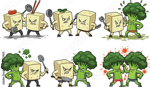 Funny cartoon tofu and broccoli characters fighting with kitchen utensils, vegan food battle, healthy vegetable conflict, humorous plant-based illustration.