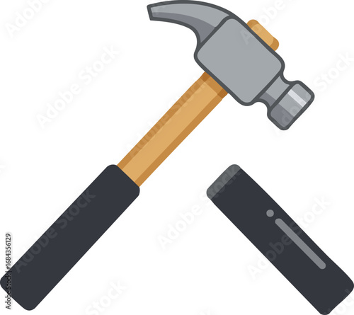 A detailed vector illustration of a classic claw hammer with a wooden handle and black grip, depicting a common construction or DIY tool.
