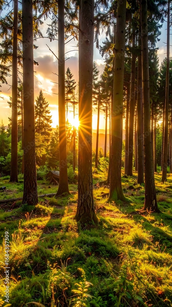 Obraz premium Golden sunlight streams through tall trees in a tranquil forest at sunset, casting warm shadows on the mossy ground.
