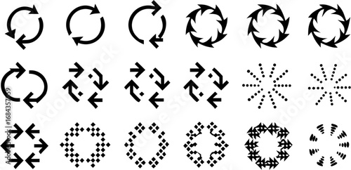 Vector a collection of black arrow icons forming circular and square shapes in various configurations and patterns