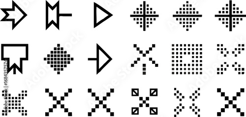 Vector a collection of eighteen distinct black and white geometric shapes including arrows crosses and square patterns