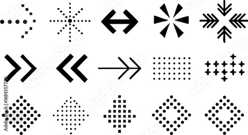 Vector illustration of various abstract shapes including arrows, dotted patterns, and geometric arrangements of dots