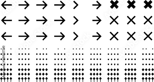 Vector black and white pattern featuring arrows pointing in different directions and geometric shapes arrays repeated