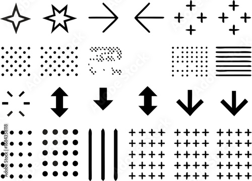 Vector a collection of varied black and white geometric shapes including stars arrows dots lines and plus signs design