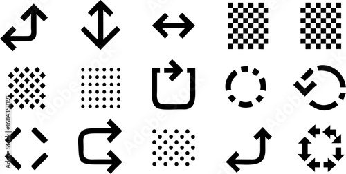 Vector illustration of various black and white icons including arrows, patterns, and circular arrangements of elements