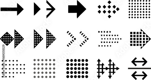 Vector illustration of various arrow designs pointing right and some pointing both ways on a white background