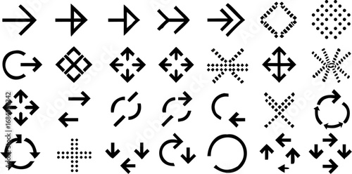 Vector collection of various black arrow symbols pointing in different directions and circular arrow icons