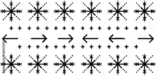 Vector black and white pattern with snowflakes arrows and plus signs arranged in rows and columns to create a design