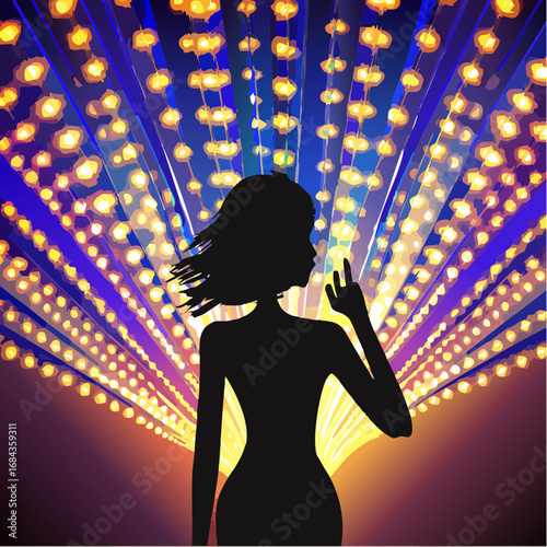 The Sea of Lights. An ultra-realistic photograph taken from behind a female idol performer.
