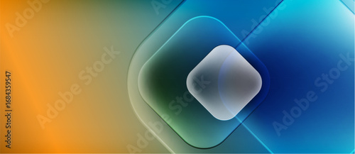 Abstract composition. Gradient colors blend, forming concentric squares. Bright orange transitions to blue. Soft glow emanates from center.