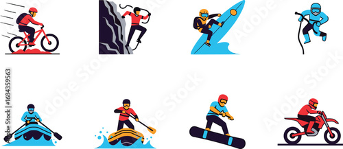 A collection of stylized illustrations depicts various outdoor adventure sports, showcasing action and activity with dynamic figures on a white background.