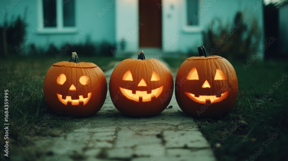 Obraz premium Jack-o'-lanterns glow in front of a house during Halloween evening