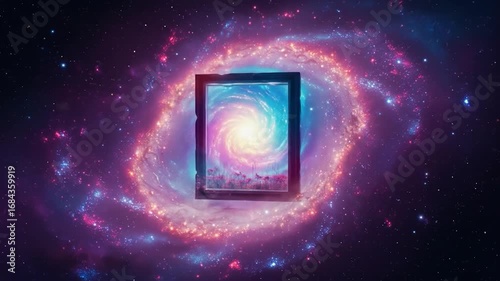 A vibrant cosmic doorway reveals a serene landscape, beckoning into an ethereal realm.